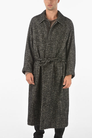 Belted Herringbone Virgin Wool Blend Coat