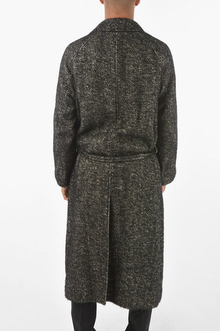 Belted Herringbone Virgin Wool Blend Coat