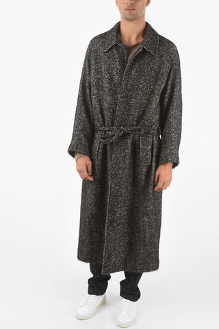 Belted Herringbone Virgin Wool Blend Coat