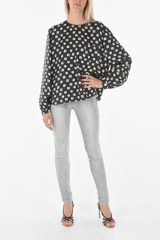 Crew Neck Abstract Motif Silk Blouse