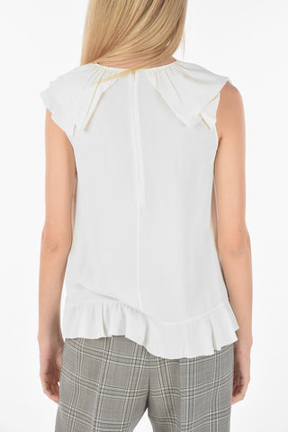 Crew Neck Back Zipped Ruffled Sleeve Top