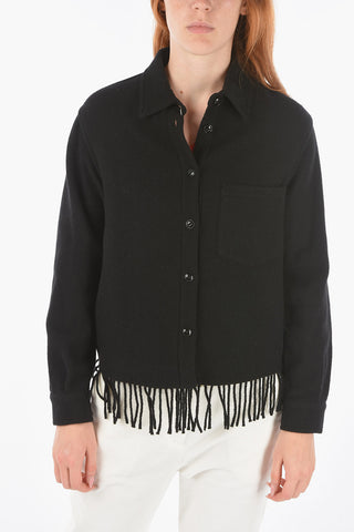 Wool Blend Breast Pocket Overshirt with fringe hem