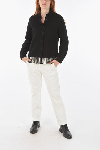 Wool Blend Breast Pocket Overshirt with fringe hem