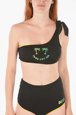 Printed WE GET REAL One-shoulder Bikini Top