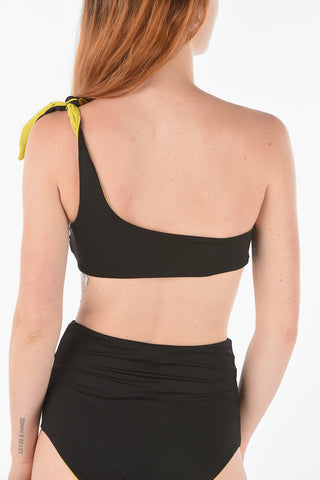 Printed WE GET REAL One-shoulder Bikini Top