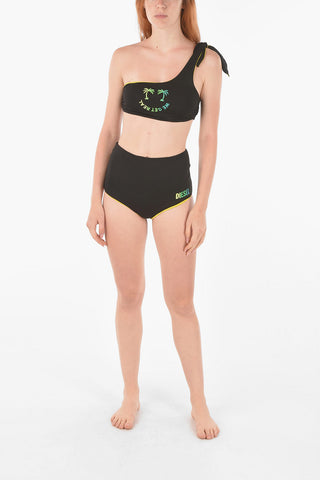 Printed WE GET REAL One-shoulder Bikini Top