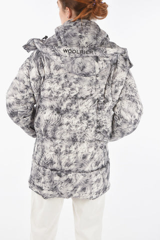 patterned down jacket with removable hood