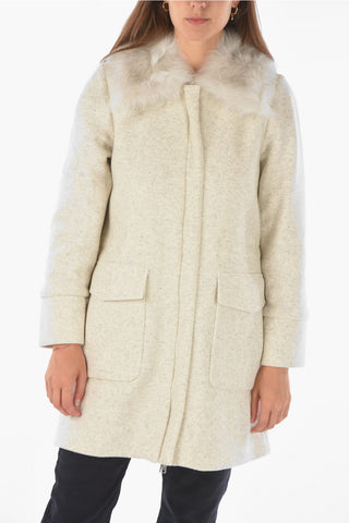 Solid Color Wool Blend Coat with Real Fur Details