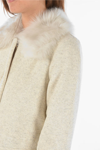Solid Color Wool Blend Coat with Real Fur Details