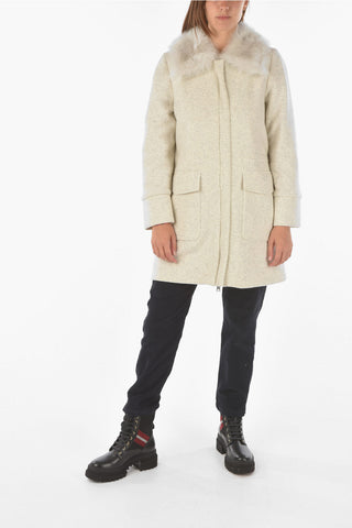 Solid Color Wool Blend Coat with Real Fur Details