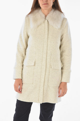 Solid Color Wool Blend Coat with Real Fur Details