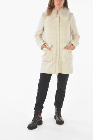 Solid Color Wool Blend Coat with Real Fur Details