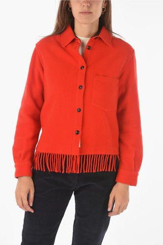 fringed hem wool blend shirt with breast pocket