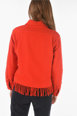 fringed hem wool blend shirt with breast pocket