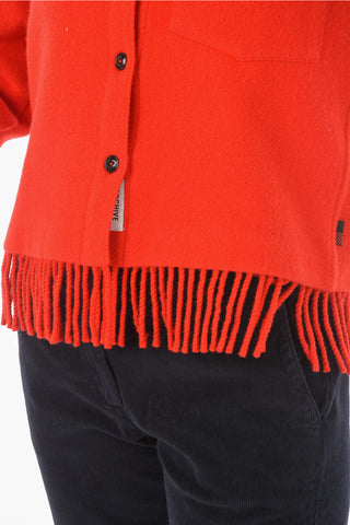 fringed hem wool blend shirt with breast pocket