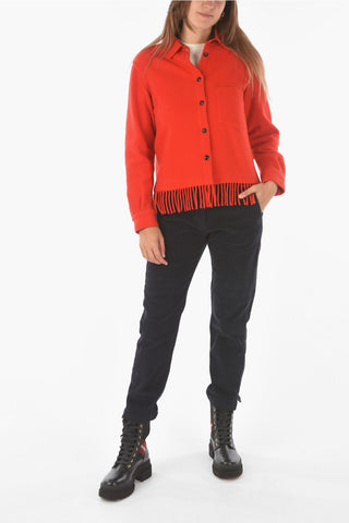 fringed hem wool blend shirt with breast pocket
