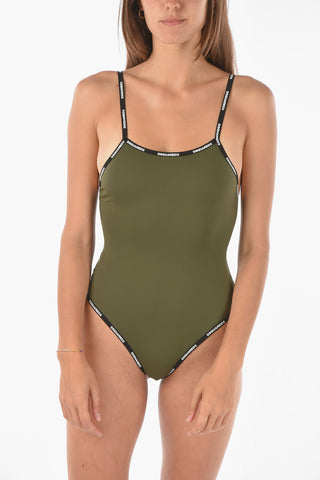 logoed band solid color one piece swimsuit