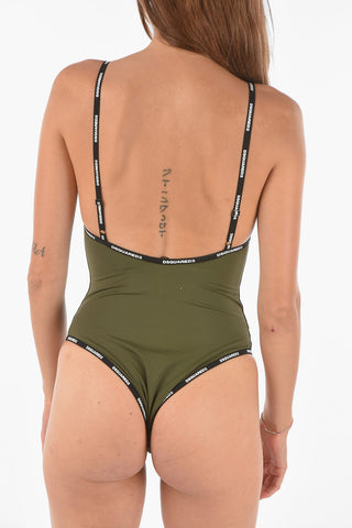 logoed band solid color one piece swimsuit