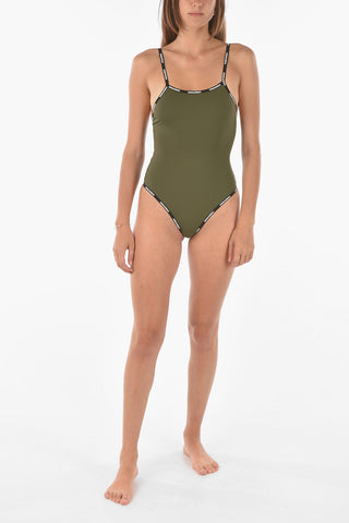 logoed band solid color one piece swimsuit