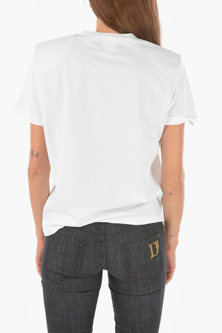 Embroiderd Crew-neck T-shirt with Shoulder Pads