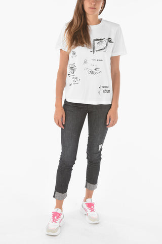 Embroiderd Crew-neck T-shirt with Shoulder Pads