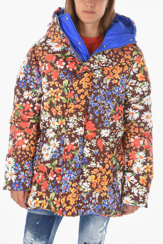 Floral Ptterned Reversible Down Jacket with Removable Belt