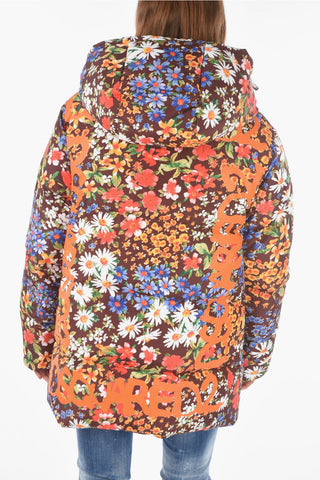 Floral Ptterned Reversible Down Jacket with Removable Belt
