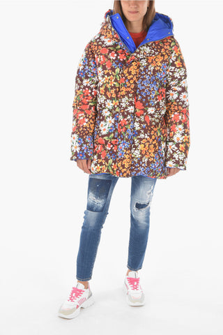 Floral Ptterned Reversible Down Jacket with Removable Belt