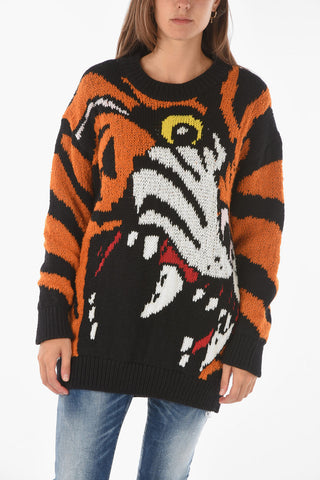 animal patterned crew-neck sweater