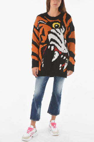 animal patterned crew-neck sweater
