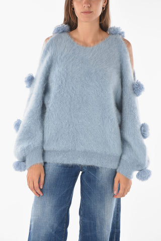 Maglia Girocollo Pesante Cold Shoulder con Pom Pom