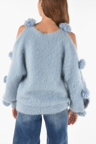 Maglia Girocollo Pesante Cold Shoulder con Pom Pom