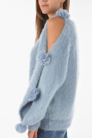 Maglia Girocollo Pesante Cold Shoulder con Pom Pom