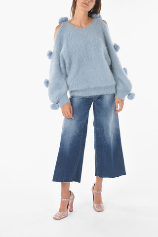 Maglia Girocollo Pesante Cold Shoulder con Pom Pom