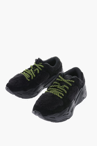 Faux Fur Details Suede Leather P1THON Sneakers with Contrasting Strings