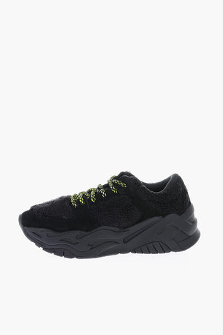 Faux Fur Details Suede Leather P1THON Sneakers with Contrasting Strings