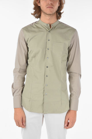 Stretched Cotton Shirt with Mandarin Collar and Breast Pocket