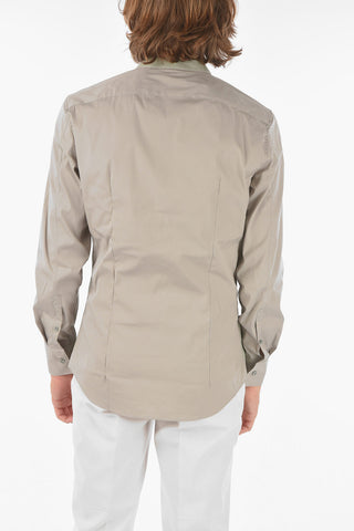 Stretched Cotton Shirt with Mandarin Collar and Breast Pocket
