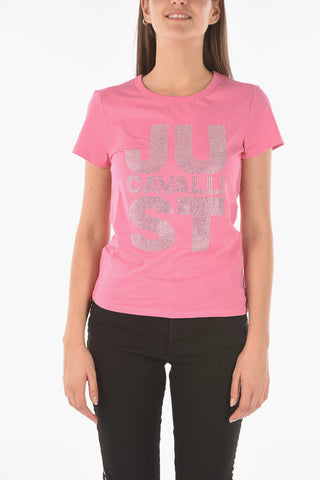 Crew-neck T-shirt with Rhinestone Logo