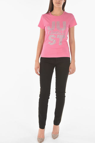 Crew-neck T-shirt with Rhinestone Logo