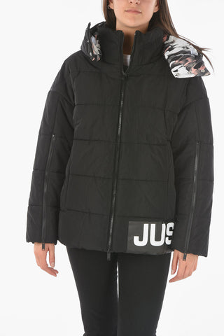 logo printed padded jacket with removable hood