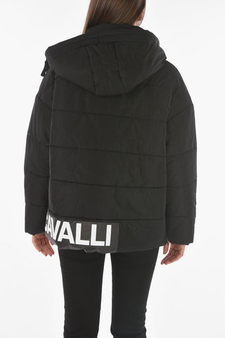 logo printed padded jacket with removable hood