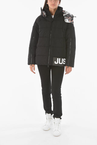 logo printed padded jacket with removable hood
