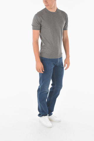 Maglia Girocollo a Maniche Corte in Cotone e Cashmere