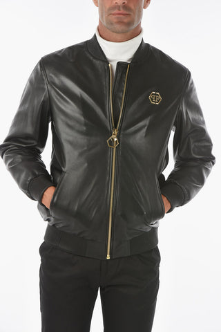 HOMME Metal Logo STONE Leather Bomber Jacket