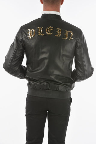 HOMME Metal Logo STONE Leather Bomber Jacket