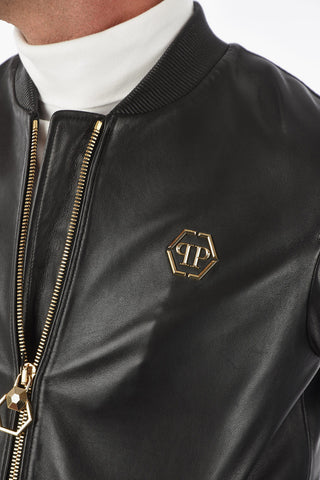 HOMME Metal Logo STONE Leather Bomber Jacket