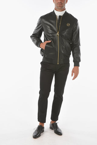 HOMME Metal Logo STONE Leather Bomber Jacket