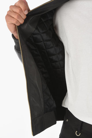 HOMME Metal Logo STONE Leather Bomber Jacket