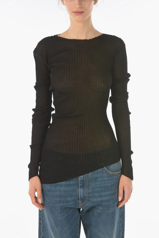 Long-sleeved Asymmetric Ribbed Stretch Cotton Top